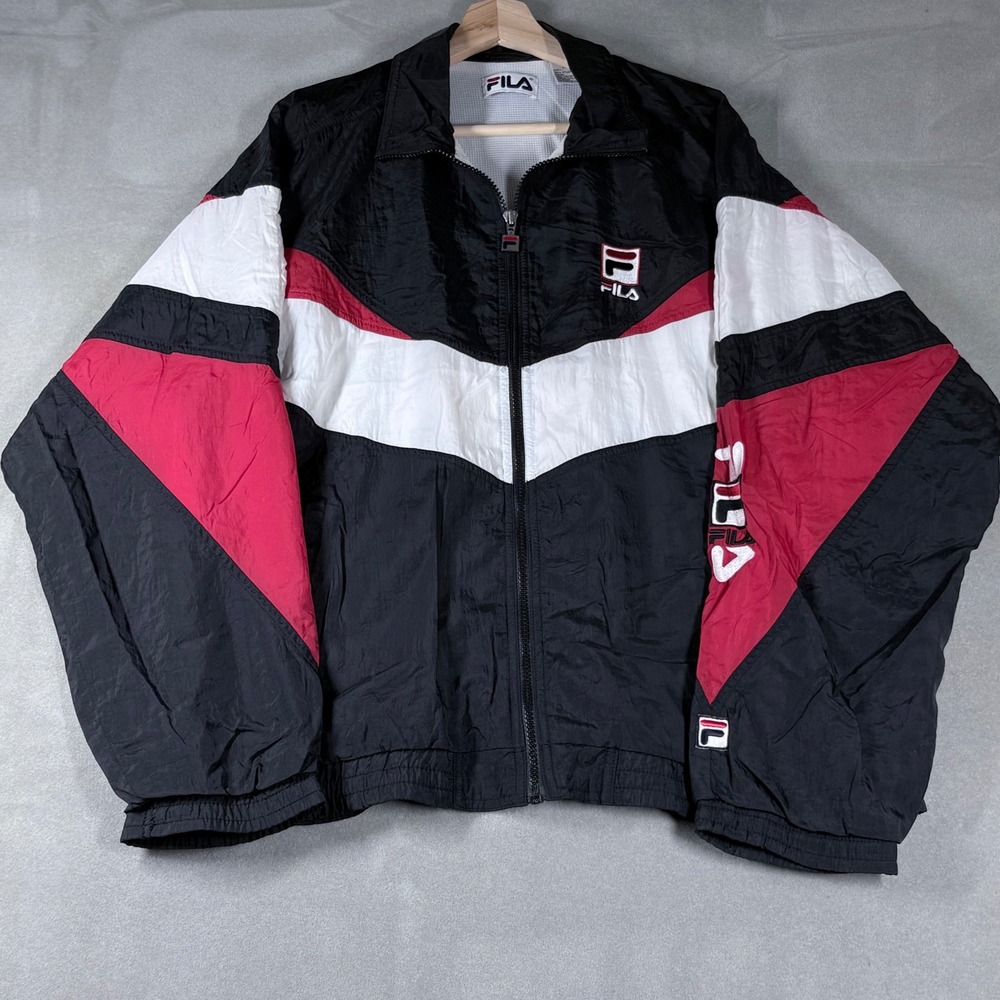 Vintage Fila Windbreaker Jacket Mens Medium Black Red White Colorblock Full Zip